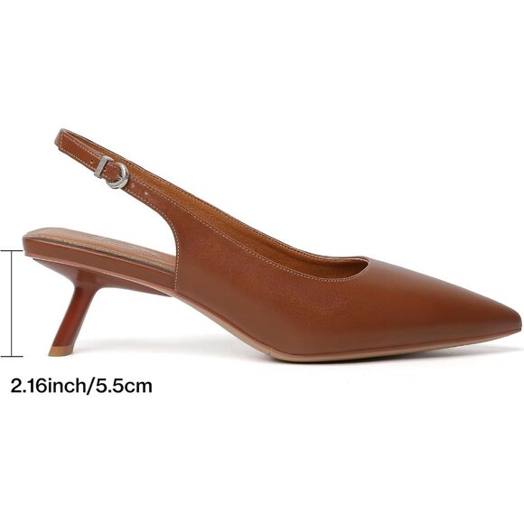 Mostrin Kitten Heels  Brown Pu Faux Leather Low Slingback Heels with Buckle - Picture 2 of 9